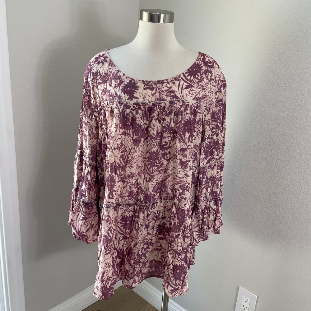 Cocomo Woman Plus 3X Purple Floral Tiered Babydoll Tunic Top‎ Bell Sleeve